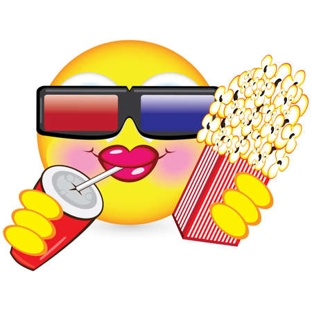 Cheerful smiley eating popcorn. Illustration for design on white backgroundのイラスト素材