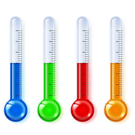 Temperature indicators, glassware, blue, green, red, orange, on a white background  