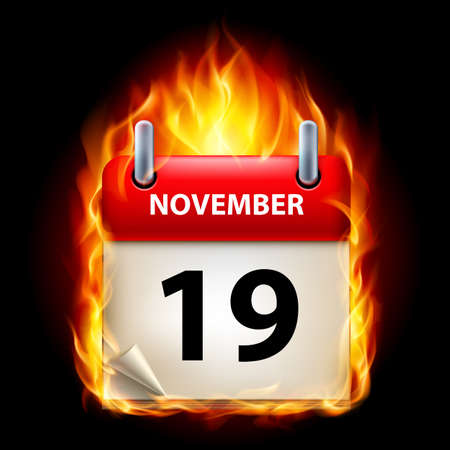 Nineteenth November in Calendar. Burning Icon on black backgroundのイラスト素材