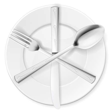 Crossed fork, spoon and knife on white plateのイラスト素材