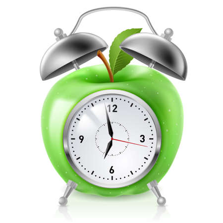 Green apple alarm clock. Illustration on white background for designのイラスト素材