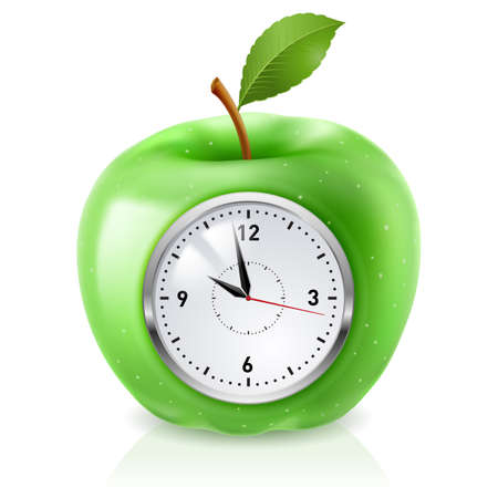 Realistic green apple clock. Illustration on whiteのイラスト素材