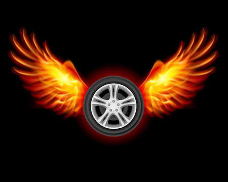Wheel with fire wings. Illustration on blackのイラスト素材