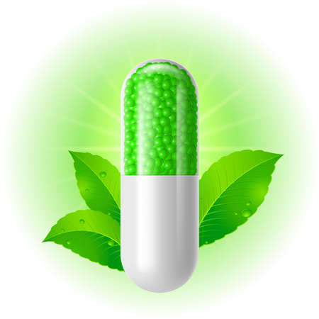 Organic capsule with green Leaves. Illustration on white for designのイラスト素材
