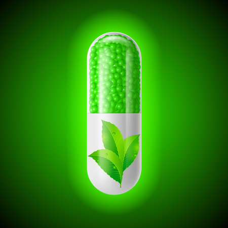 Organic capsule with green Leaves. Illustration on greenのイラスト素材