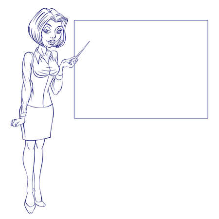 Cartoon of a cute business woman pointing to rising business trendsのイラスト素材