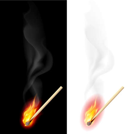 Realistic burning match. Illustration on white and black backgroundのイラスト素材