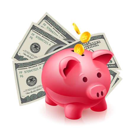 Moneybox - pig and dollars. Illustration on whiteのイラスト素材