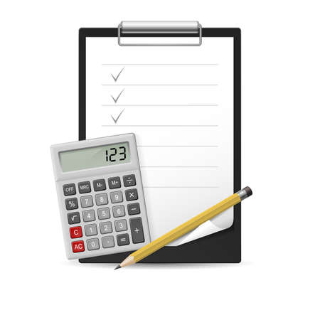 Yellow Pencil, calculator and notepad icon. Illustration on whiteのイラスト素材
