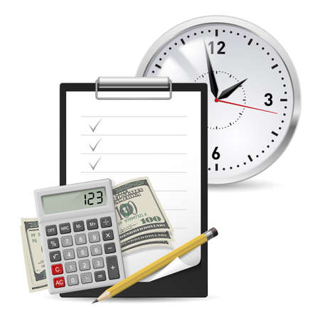 Dollars, Note and Pen, Classic Office Clock and Calculatorのイラスト素材