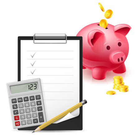 Big pink moneybox, Coins, Note, Pen and Calculator on a white backgroundのイラスト素材
