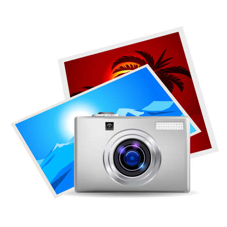 Realistic digital camera and photos. Illustration on white backgroundのイラスト素材