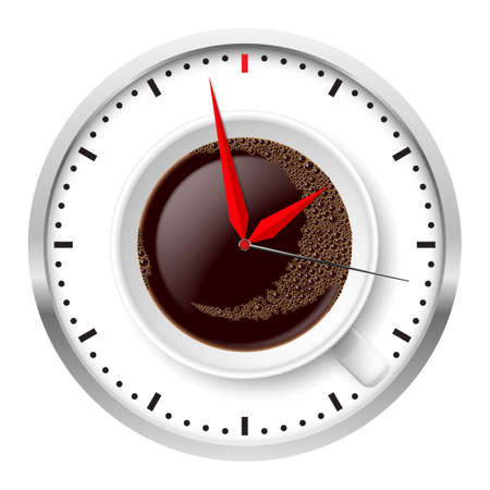 Clock and coffee cup. Illustration on white.