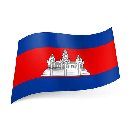 National flag of Cambodia: white temple on red background between two horizontal blue stripes.のイラスト素材