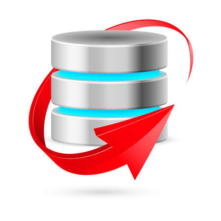 Database icon with update symbol presented as red curved arrow. Illustration on white.のイラスト素材