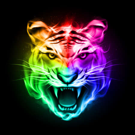 Head of tiger blazing in spectrum fire on black background.のイラスト素材