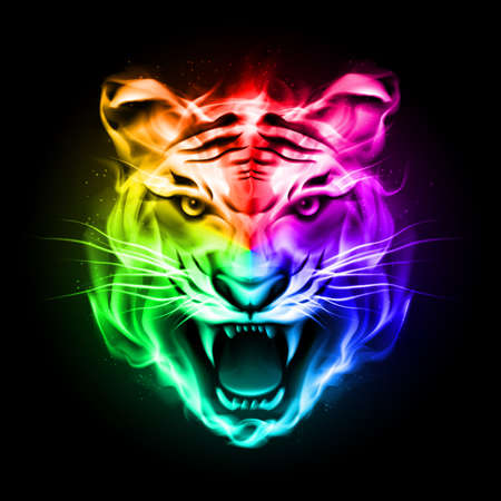 Head of tiger blazing in spectrum fire on black background.