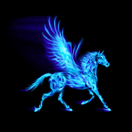 Blue fire Pegasus in motion on black background.のイラスト素材