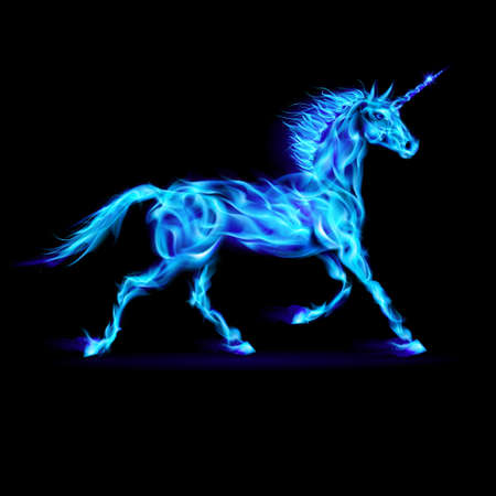 Running blue fire unicorn on black background.のイラスト素材