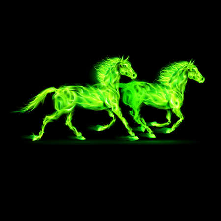 Two running fire horses in green on black background.のイラスト素材