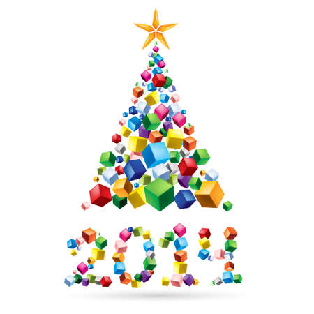 Greeting card: abstract Christmas tree and 2014 made of colorful cubes.のイラスト素材