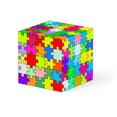Cube made of colorful puzzle elements. Illustration on white background.  のイラスト素材