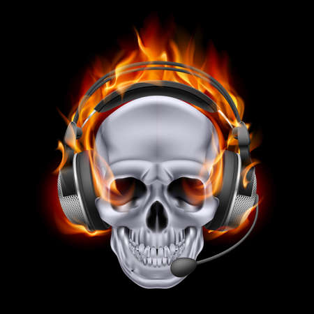 Illustration of chrome fiery skull in headphones on black background.のイラスト素材