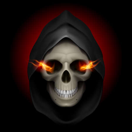 Skull in black hood with fiery eyes as image of death. Grim Reaper.のイラスト素材