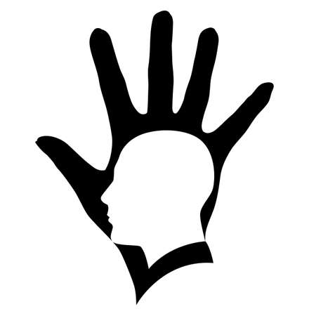 Illustration of white head silhouette in black hand.  のイラスト素材
