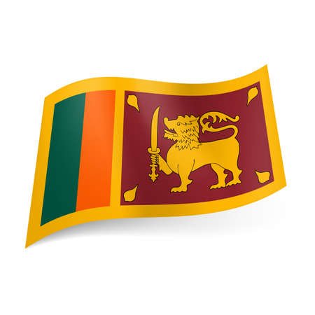  National flag of Sri Lanka: golden lion with sword on dark red background, green and orange verical stripes on left side のイラスト素材