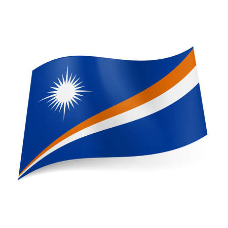 National flag of Marshall Islands: rising orange and blue diagonal stripes with white star above them on blue background のイラスト素材
