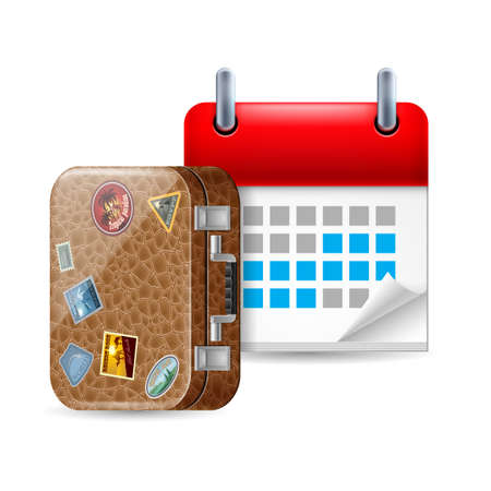 Vacation icon with calendar and leather suitcase with stickersのイラスト素材