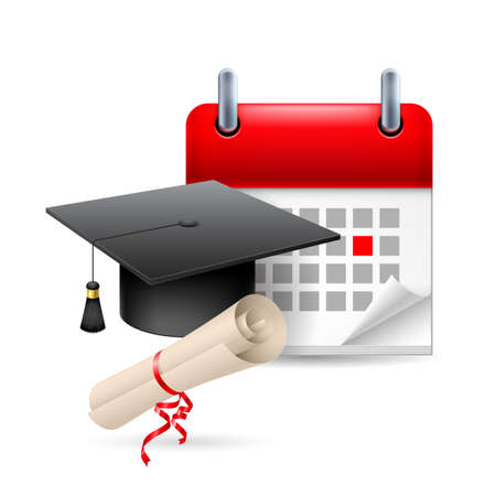 Graduation hat, scroll and calendar with marked day. Education eventのイラスト素材
