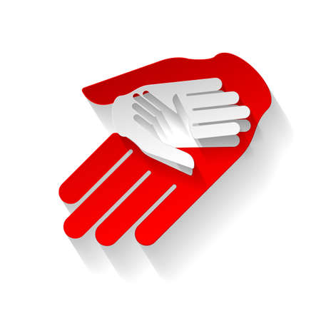 Composition of three hands in paper style. Help and teamwork symbol のイラスト素材