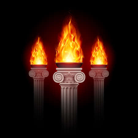 Three ancient columns with fire blazing in darkness. Mystic illustration