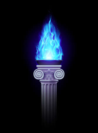 Ancient column with blue fire blazing in darkness. Mystic illustrationのイラスト素材