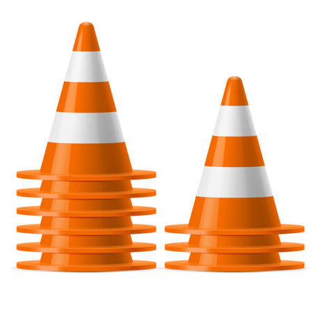 Two piles of white and orange traffic cones. Safety sign used to prevent accidents during road constructionのイラスト素材