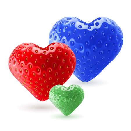 Red, blue and green strawberry hearts on white background. Family conceptのイラスト素材