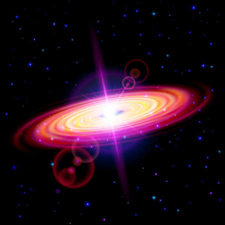 Space background. Red galaxy with bright flare among stars in dark universeのイラスト素材