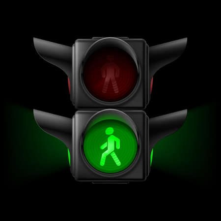 Realistic pedestrian traffic lights with green lamp on. Illustration on black backgroundのイラスト素材