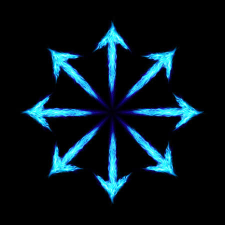 Many green fire arrows directed outwards. Illustration on black background 
