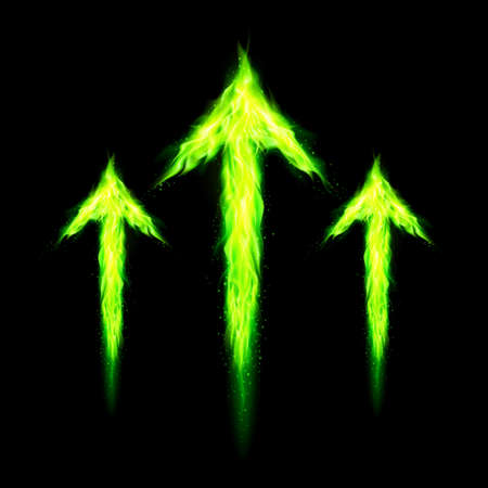 Three green fire arrows directed upward. Illustration on black backgroundのイラスト素材
