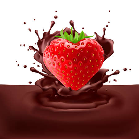 Juicy strawberry heart dipping into chpcolate with splashesのイラスト素材