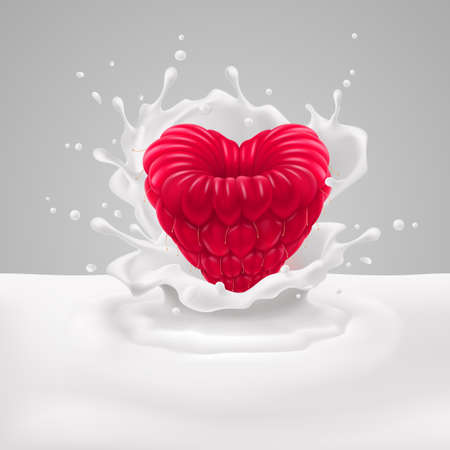 Appetizing raspberry heart with in milk splashesのイラスト素材