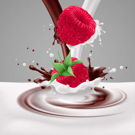 Appetizing raspberries falling into milk and chocolate mixのイラスト素材