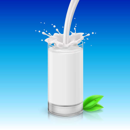 Pouring milk into glass with splashes, green leavesnearby. Illustration against blue background. Organic productのイラスト素材