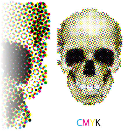 Halftone skull image in CMYK colors on white backgroundのイラスト素材
