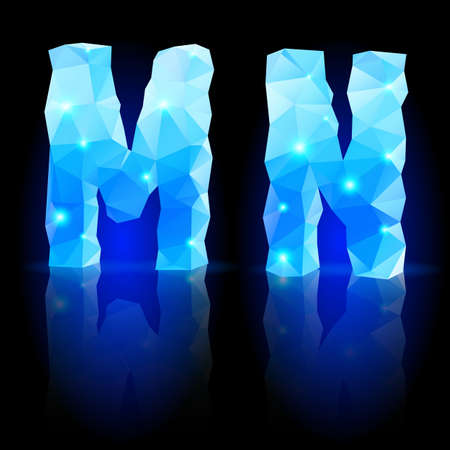 Shiny blue polygonal font. Crystal style M and N letters with reflection on black backroundのイラスト素材