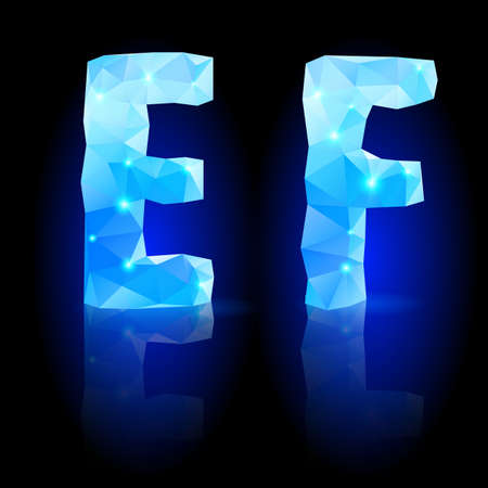 Shiny blue polygonal font. Crystal style E and F letters with reflection on black backroundのイラスト素材