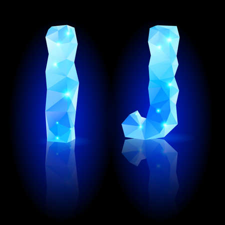 Shiny blue polygonal font. Crystal style I and J letters with reflection on black backroundのイラスト素材